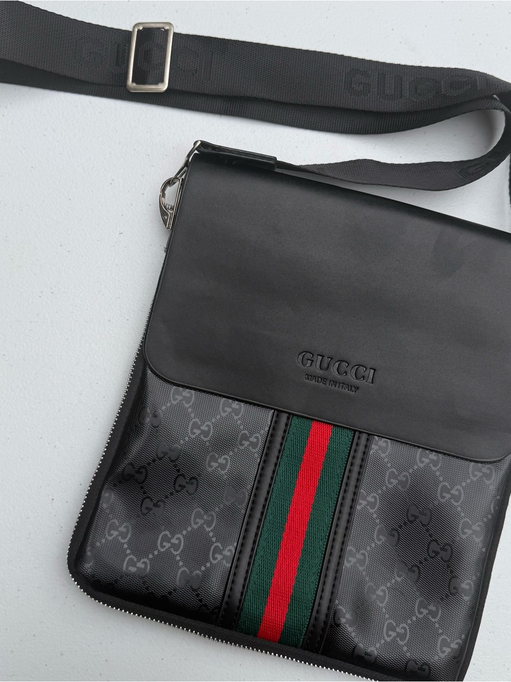 Black Crossbody Bag with Red and Green Signature Stripe